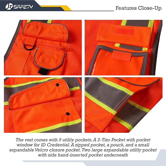 JKSafety 9 Pockets Hi-Vis Reflective Safety Vest | Mesh Fabric | Fluorescent Orange Color with Neon Yellow Extended Trims | ANSI/ISEA Compliance (100-Orange, 5XL)
