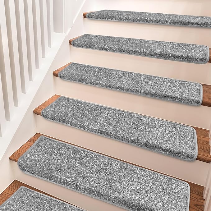 PURE ERA Bullnose Carpet Stair Treads Set Tape Free Non-Slip Indoor Stair Protectors Pet Friendly Rugs Covers Soft Skid Resistant Washable Reusable 9.5" x 30"(14 Pieces,Gray)