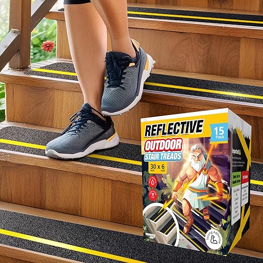 Reflective Grip Tape for Stairs 30" x 6" - 15-Pack Outdoor Stair Treads Non-Slip Weather Resistant - Anti Slip Tape for Exterior Wooden Steps - Waterproof 80-Grit Adhesive Treads
