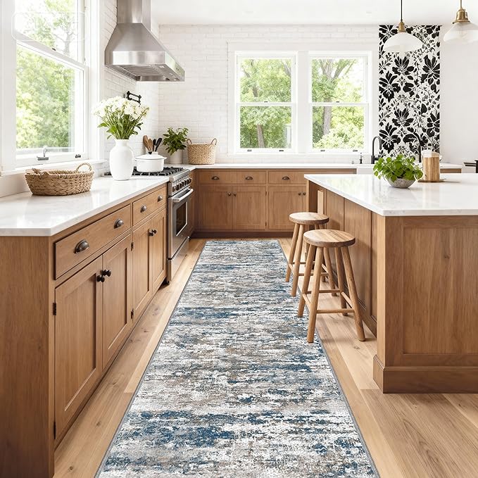 Kitchen Rugs Ultra Non-Slip 2.6x12 Washable Runner Rug Abstract Tear and Stain Resistance No Pile Lightweight Runners for Entryway, Hallway, Walkway, Bedside, Entrance, Multi