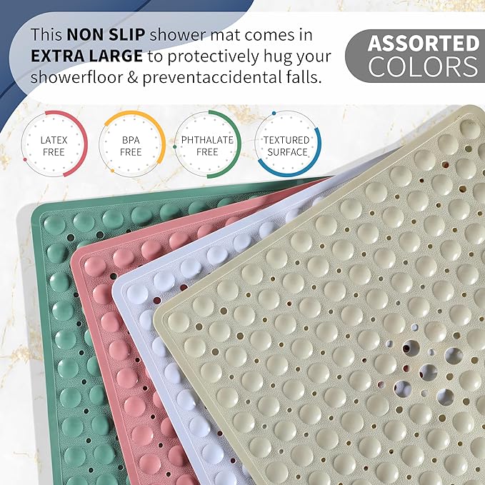 Yimobra Shower Stall Mat Non Slip, 21x21 Inch, Soft Square Bath Mat for Shower with Suction Cups and Drain Holes, Stall Floor Mats for Bathroom, Machine Washable, Bathroom Accessories,Clear Brown