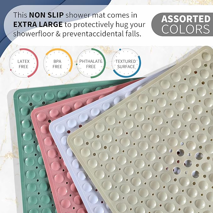 Yimobra Shower Stall Mat Non Slip, 21x21 Inch, Soft Square Bath Mat for Shower with Suction Cups and Drain Holes, Stall Floor Mats for Bathroom, Machine Washable, Bathroom Accessories, White