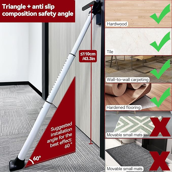 AceMining Upgraded Door Security Bar & Sliding Patio Bar, Heavy Duty Stoppers Adjustable Jammer for Home, Apartment, Travel (1 Pack,White)