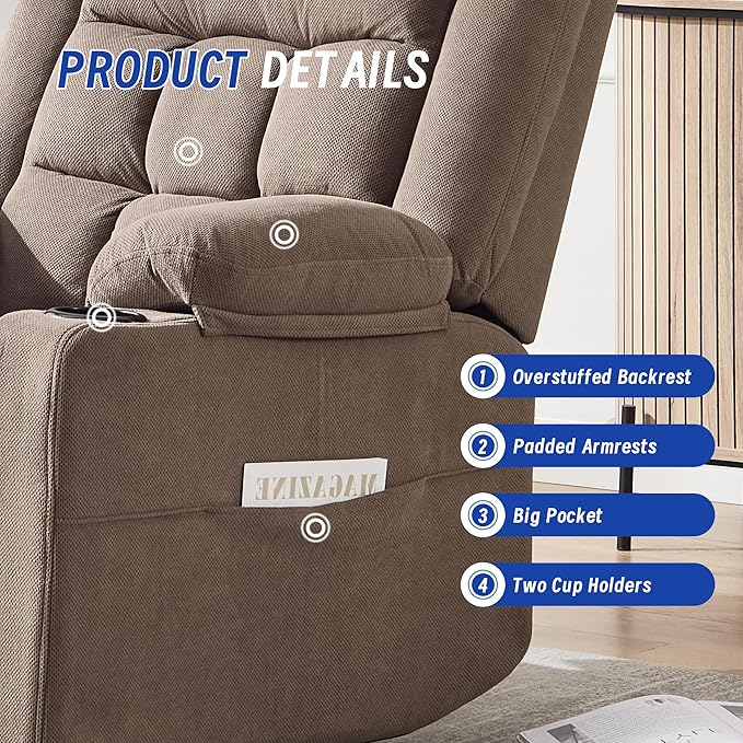 Swivel Recliner Chair for Adults with Massage and Heating,Manual Glider Rocking Recliner Chair with Cup Holds and Pockets,Reclining Rocker Chairs for Living Room Bedroom R8811 (Coffee)