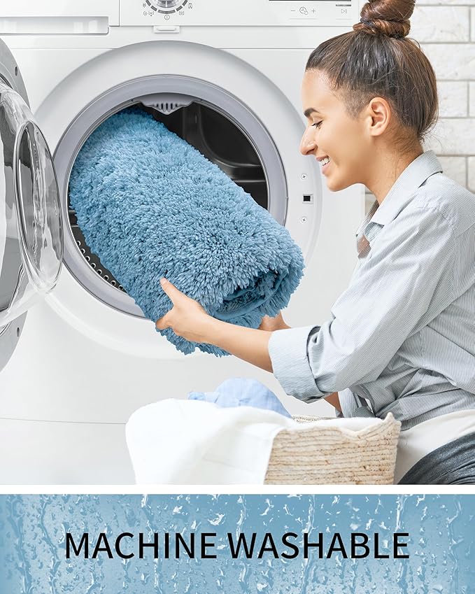 Bathroom Rugs, Ultra Thick Shaggy Soft Microfiber Absorbent Bath Rug, High Density Foam Latex Non Slip Backing, Machine Washable Bath Mats for Bathroom Floor & Sink 24x17, Blue