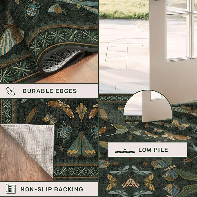 Washable Insect 2x8 Long Runner Rug for Hallway - Stain Resistant Kitchen Rug Non Slip, Indoor Floor Mats for Entryway with Nature Butterfly Design, Low Pile & Soft (Dark Green)