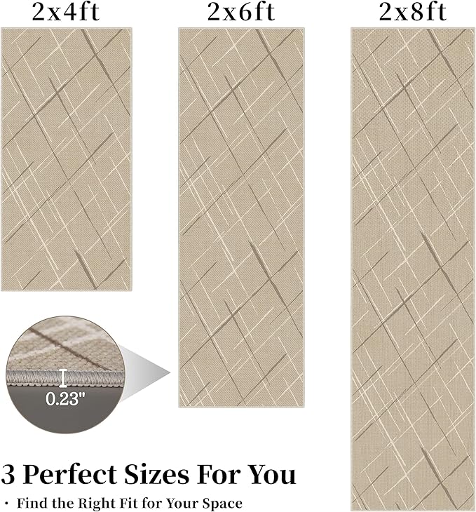 Modern Line Washable Runner Rug 2x6, Beige Non-Slip Hallway Rug, Woven Non-Shedding Thin Runners for Entryway, Kitchen, Laundry Room