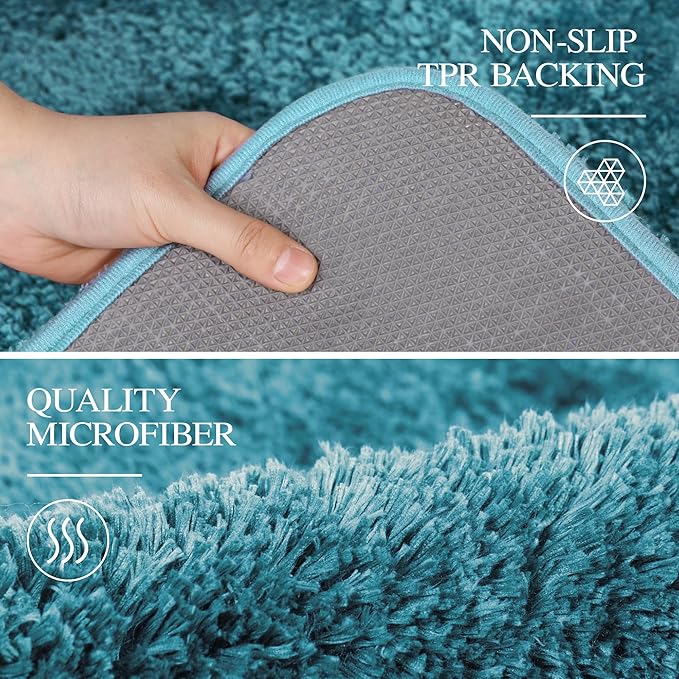Walensee Contour Rug (20x24, Teal) Non Slip Bath Mat, Soft Microfiber Shaggy Mat, Machine Washable, U Shape Toilet Rug