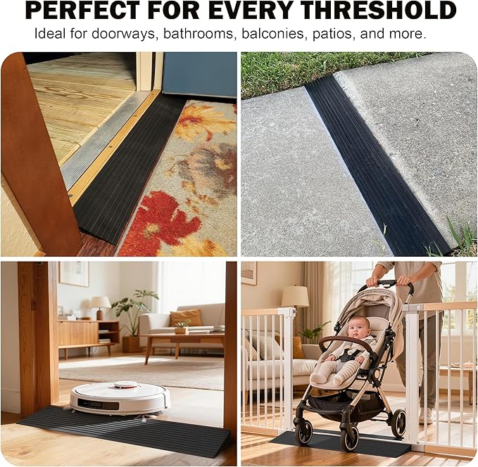0.6" Rise Threshold Ramps for Doorways, 2000 Lbs Load Capacity, 35.5" Wide Natural Rubber Power Wheelchair Ramp is Adjustable and Cuttable for Doorways, Curb, Sweeper, Power Scooters, Bathroom