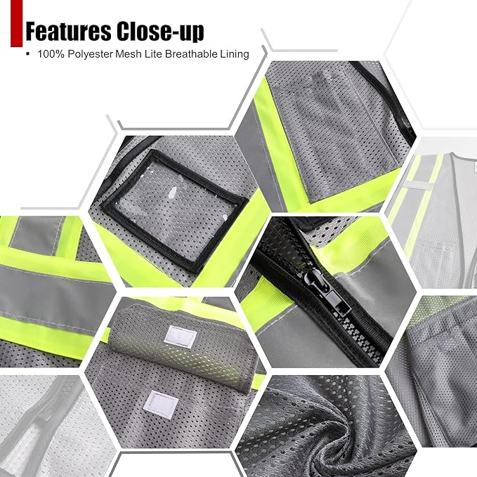 Reflective Safety Vest for Men Women Hi Vis Vest with Pockets High Visibility Vest Mesh Construction Vests Meets ANSI/ISEA Standards (Grey-33, X-Large)