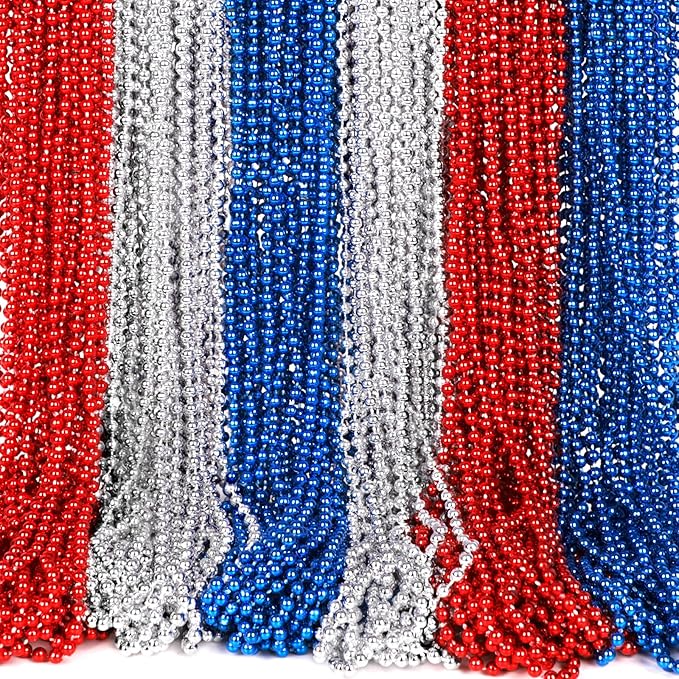 Moon Boat 4th of July Accessories Necklaces: Blue White and Red Beads Bulk, Patriotic Party Independence Memorial Day Favors Toys Decorations, 120 Pieces