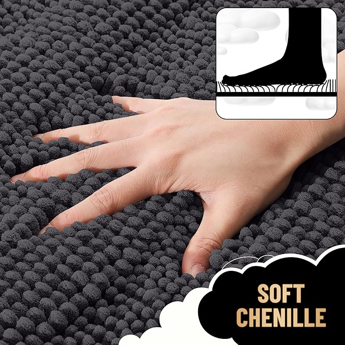 OLANLY Thick Toilet Rugs U-Shaped 24x20, Extra Soft Absorbent Chenille Striped Contour Bathroom Rugs for Toilet, Dry Quickly, Machine Washable, Non-Slip Bath Mat, Dark Grey