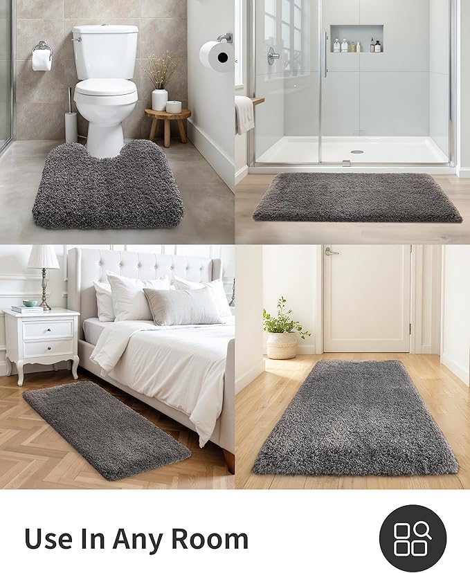 ILANGO Dark Gray Bathroom Rugs 24" × 17" Small Non Slip & Super Absorbent Extra Thick Soft, Washable Bath Mat for Floor, Microfiber Plush Shaggy Bath Rug with Rubber for Bathtub Shower Room Sink
