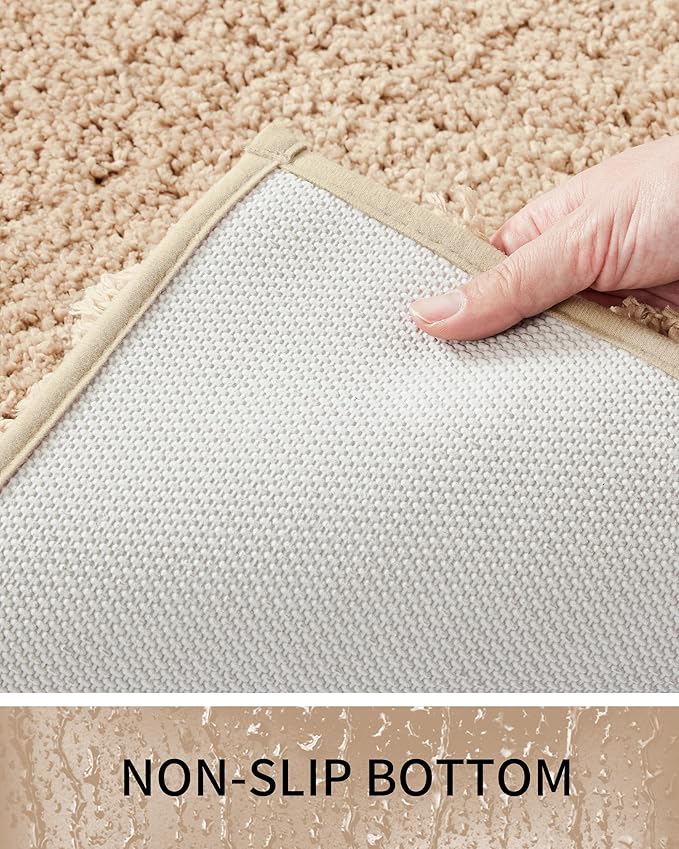 Bathroom Rugs, Ultra Thick Shaggy Soft Microfiber Absorbent Bath Rug, High Density Foam Latex Non Slip Backing, Machine Washable Bath Mats for Bathroom Floor & Sink 24x17, Beige