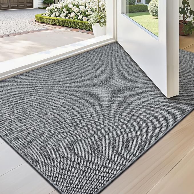 LUMI Ultra Thin Door Mat for Entryway, Low Profile Non Slip Rubber Backing Indoor Doormat, Easy Clean Welcome Entrance Mat for Inside House, Patio, Dark Grey 24"x36"