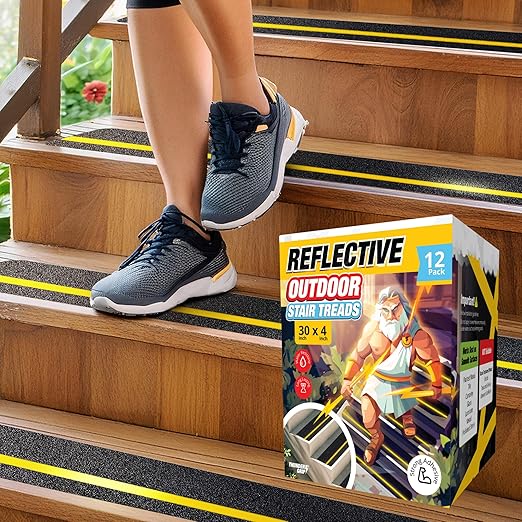 Reflective Grip Tape for Stairs 30" x 4" - 12-Pack Outdoor Stair Treads Non-Slip Weather Resistant - Anti Slip Tape for Exterior Wooden Steps - Waterproof 80-Grit Adhesive Treads