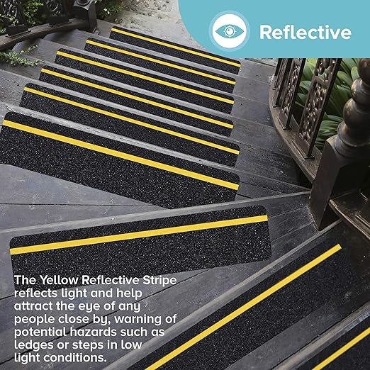 LifeGrip Anti Slip Traction Treads with Reflective Stripe (10-Pack), 6" X 32", Best Grip Tape Grit Non Slip, Outdoor Non Skid Tape, High Traction Friction Abrasive Adhesive for Stairs Step, Black