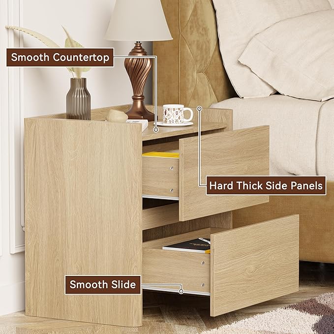Nightstand with 2 Storage Drawer, Modern End Table for Bedroom with Cut-Out Handle, Large Night Stands for Bedroom, Home Office, Set of 1, Oak