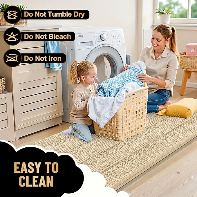 OLANLY Thick Bathroom Rugs 44x24, Extra Soft Absorbent Chenille Striped Bath Rugs, Rubber Backing, Machine Wash Dry, Bath Mats for Bathroom Floor, Tub and Shower, Home Decor Accessories, Beige