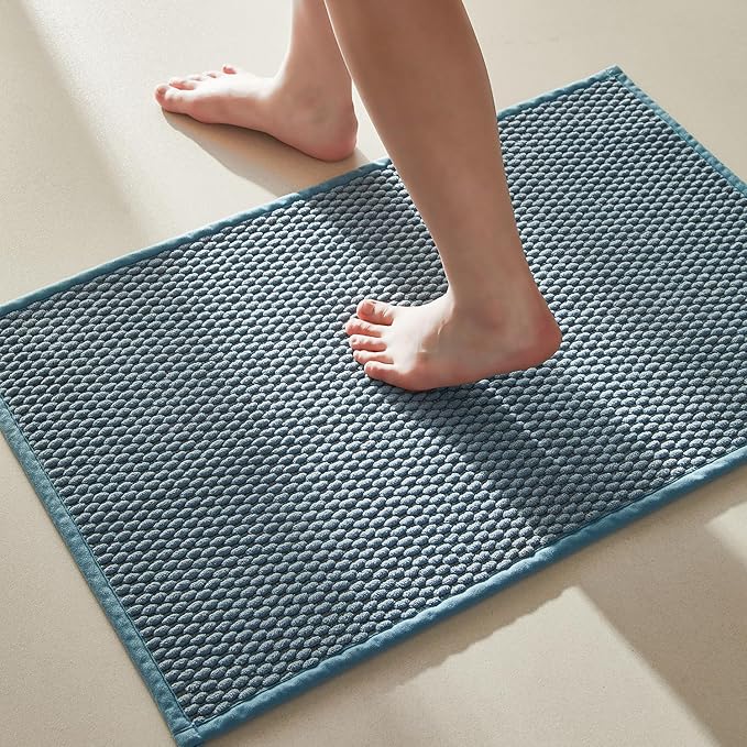 Bathroom Rugs Non Slip Washable, Super Absorbent Thin Bath Mat Small Quick Dry Low Pile Bathroom Rug, Debim Blue 16"x24"