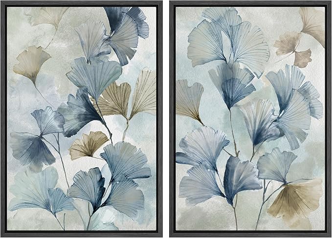 MUDECOR Framed Canvas Print Wall Art Blue Ginkgo Flower Illustrations Modern Art Decorative Bohemian Colorful Chic for Living Room, Bedroom, Office - 16"x24"x2 Black