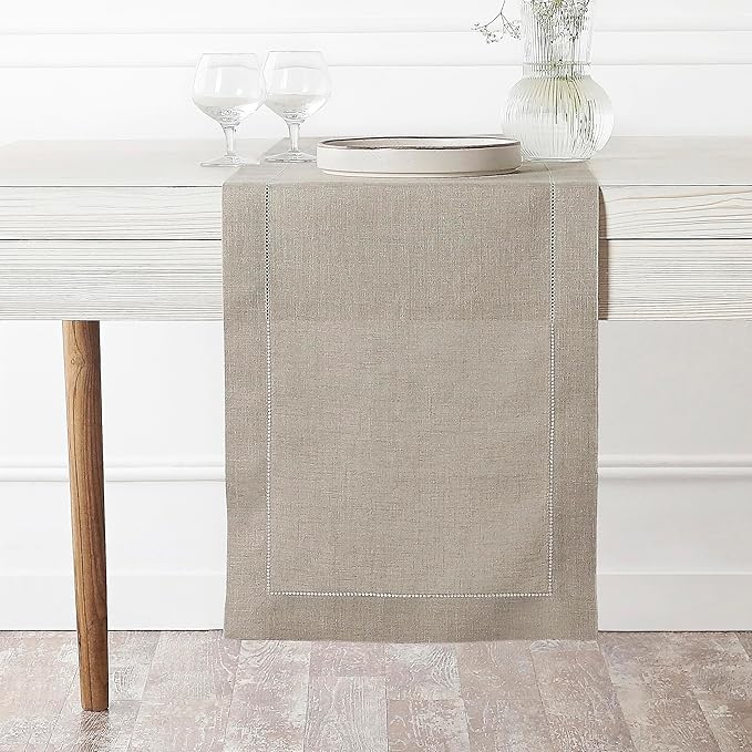 D'Moksha Homes Linen Natural Table Runner 144 Inches Long - 100% Pure Linen Extra Long Table Runner 14 x 144 Inch for Valentines, Spring, Easter - Classic Hemstitch