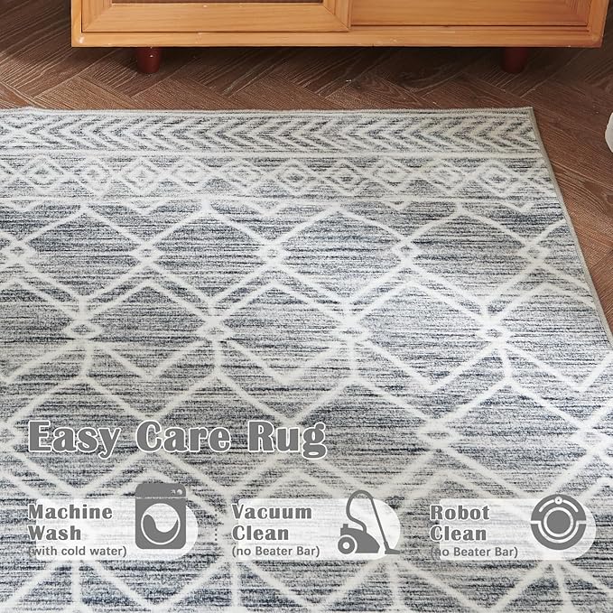 jinchan Moroccan Runner Rug 2x6 - Kitchen Machine Washable Runner Rug Modern Geometric Low-Pile Lightweight Non-Slip Carpet for Entryway Hallway Laundry Room Bedroom Bedside (2x6ft, Grey)