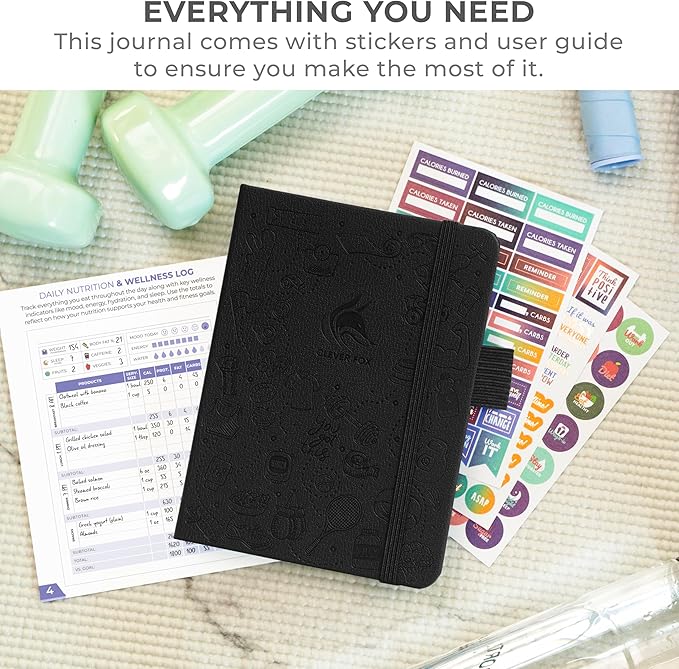 Clever Fox Fitness & Food Journal Pocket – Nutrition & Workout Planner for Women & Men – Diet & Gym Exercise Log Book with Calendars, Diet & Training Trackers – Lasts 3 Months, 4.3x5.5” (Black)