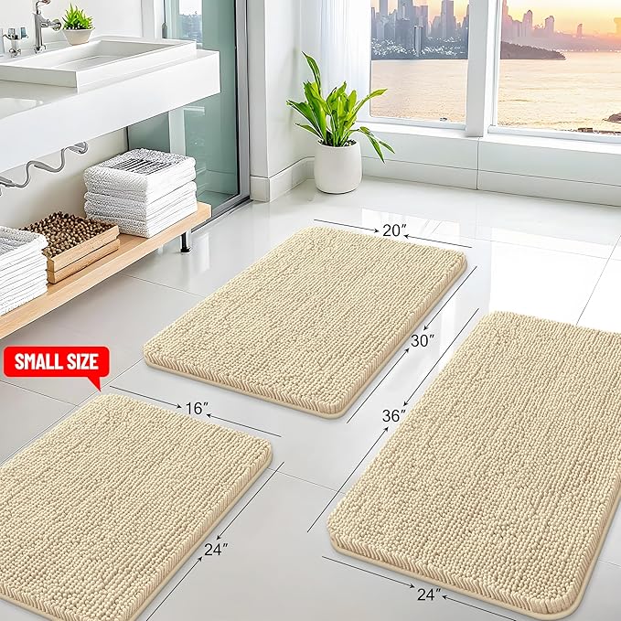 Arotive Bathroom Rugs 59x24, Extra Soft Absorbent Shaggy Chenille Bath Rugs, Machine Washable Rubber Backing Non-Slip Bath Mats for Bathroom Floor Tub and Shower, Home Decor Accessories, Beige