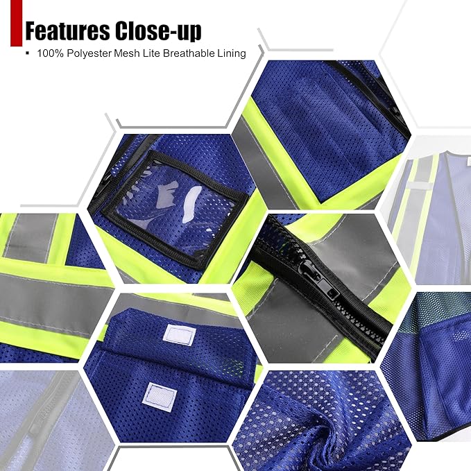 Reflective Safety Vest for Men Women Hi Vis Vest with Pockets High Visibility Vest Mesh Construction Vests Meets ANSI/ISEA Standards (Blue-33, XX-Large)