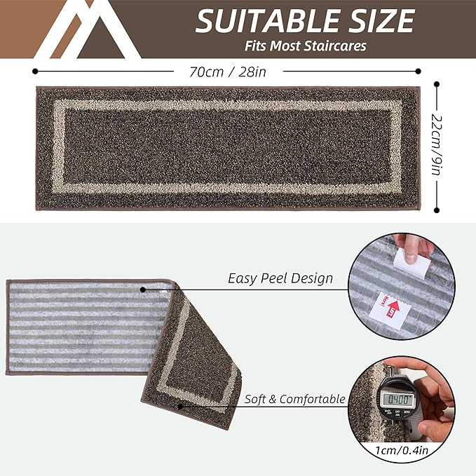 COSY HOMEER Soft Stair Treads Non-Slip Carpet Mat 28inX9in Indoor Stair Runners for Wooden Steps,Stair Rugs for Kids and Dogs, 100% Polyester TPE Backing 10pcs,Brown,Square