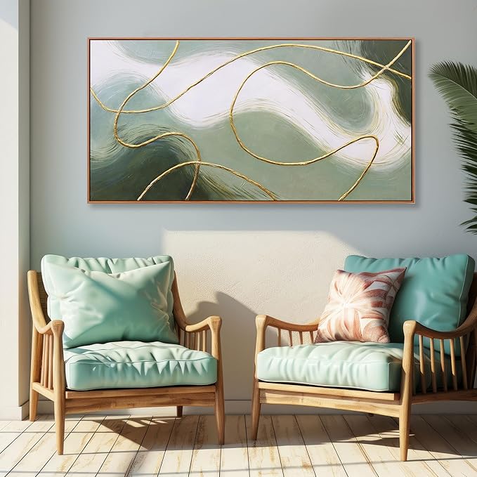 Framed Abstract Wall Art Room Decor Aesthetic Green White and Gold Lines Boho Canvas Wall Decor Artwork Modern Home Wall Decor for Living Room Bedroom Office Decor 24"x48"