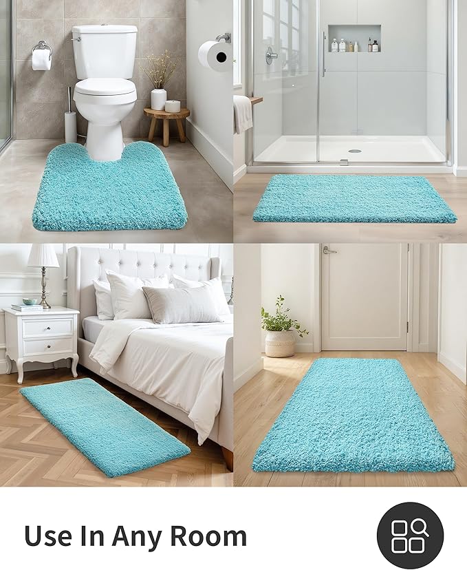 ILANGO Teal Bathroom Rugs 32" × 20" Non Slip & Super Absorbent Extra Thick Soft, Washable Bath Mat for Floor, Microfiber Plush Shaggy Bath Rug with Rubber for Bathtub Shower Room Sink