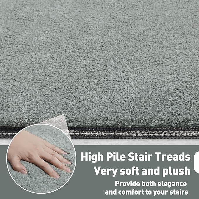 PURE ERA Carpet Stair Treads Ultra Plush 9.5" X 30"Soft Bullnose Indoor Stair Protectors Pet-Friendly Non-Slip Skid Resistant Tape Free Washable Reusable(14 Pieces,Greenish Gray)