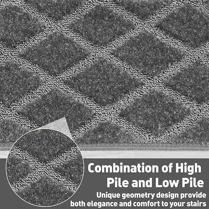 PURE ERA Bullnose Carpet Stair Treads Set Tape Free Non-Slip Indoor Stair Protectors Pet Friendly Rugs 9.5" x 30"(7 Pieces,Grey Diamond Trellis)
