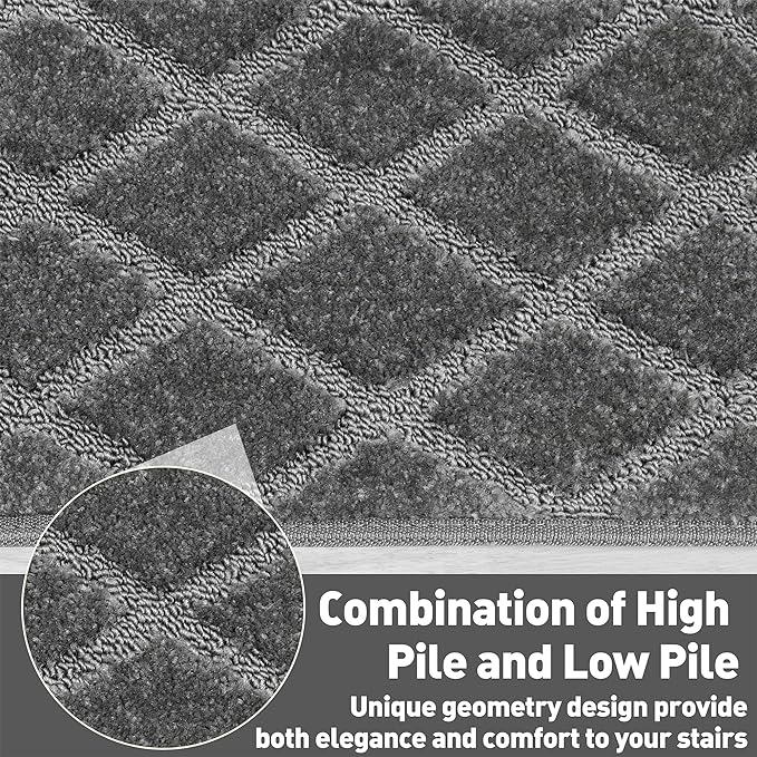PURE ERA Bullnose Carpet Stair Treads Set Tape Free Non-Slip Indoor Stair Protectors Pet Friendly Rugs 9.5" x 30"(2 Pieces,Grey Diamond Trellis)