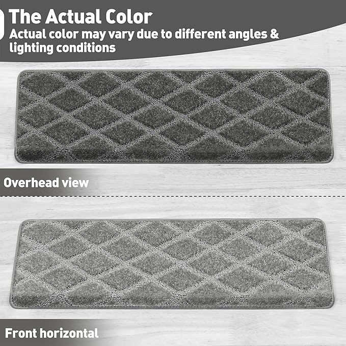 PURE ERA Bullnose Carpet Stair Treads Set Tape Free Non-Slip Indoor Stair Protectors Pet Friendly Rugs 9.5" x 30"(2 Pieces,Grey Diamond Trellis)