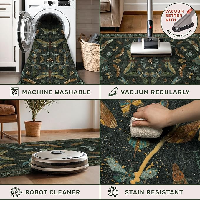 7x9 Insect Dark Green Rugs for Living Room, Boho & Forest Design Area Rug for Dining Room Under Table, Bedroom, Unique Washable Floral Non Slip Low Pile Soft Rug