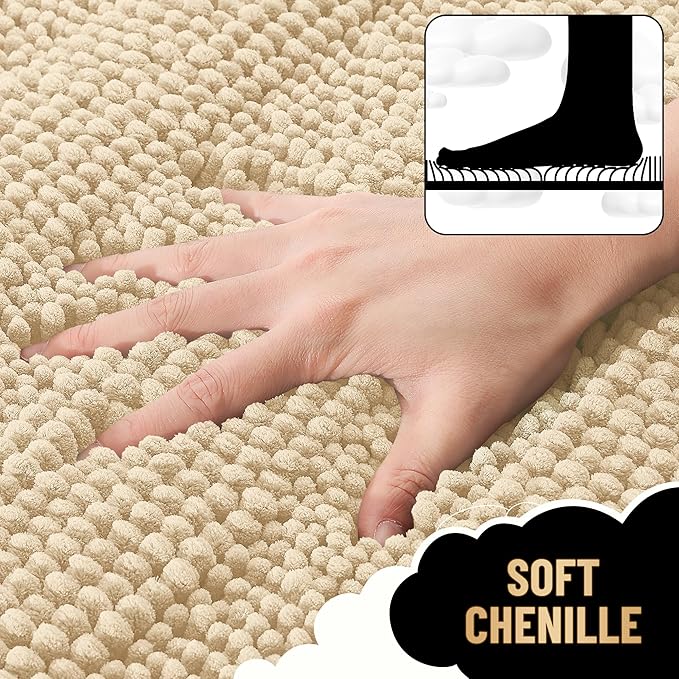 OLANLY Thick Bathroom Rugs 70x24, Extra Soft Absorbent Chenille Striped Bath Rugs, Rubber Backing, Machine Wash Dry, Bath Mats for Bathroom Floor, Tub and Shower, Home Decor Accessories, Beige