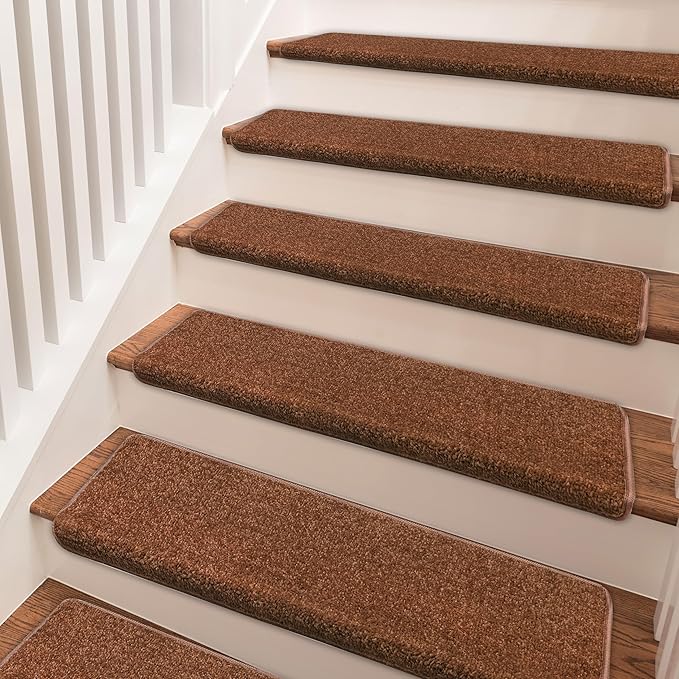 PURE ERA Bullnose Carpet Stair Treads Set Tape Free Non-Slip Indoor Stair Protectors Pet Friendly Rugs Covers Soft Skid Resistant Washable Reusable 9.5" x 30"(2 Pieces,Brown)