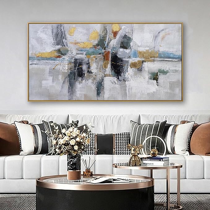 Teal Gold Wall Art Abstract Painting Wall Decor Living Room Modern 24"X 48" Framed Canvas Wall Art Office Decor Black Wall Art Canvas Prints Artwork For Bathroom Kitchen Colorful Wall Decoration