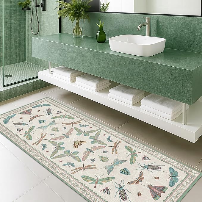 Boho Bathroom Runners - 2x6 Blue and Green Rug for Kitchen, Entry Way, Non Slip Washable Butterfly Insect Print Home Decor