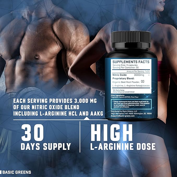 L-Arginine 3000mg Nitric Oxide Supplement for Men and Women – Non-GMO Vegan Capsules with Beet Root for Circulation, Endurance, Energy, Stamina, Performance and Workout – 180 Caps
