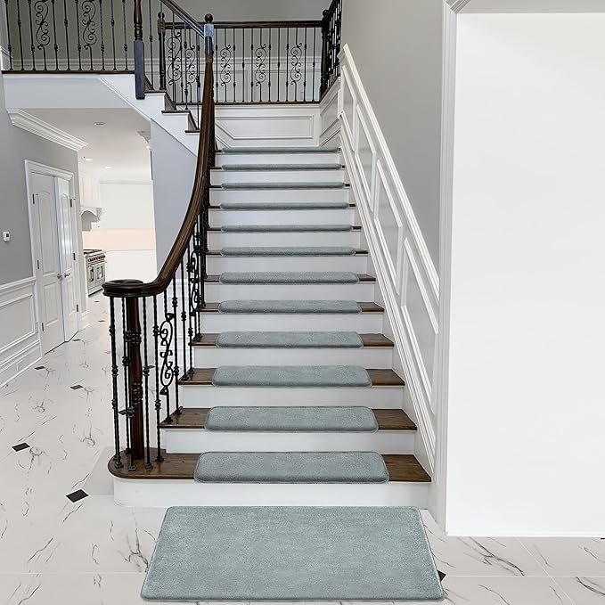 PURE ERA Carpet Stair Treads Ultra Plush 9.5" X 30"Soft Bullnose Indoor Stair Protectors Pet-Friendly Non-Slip Skid Resistant Tape Free Washable Reusable(2 Pieces,Greenish Gray)