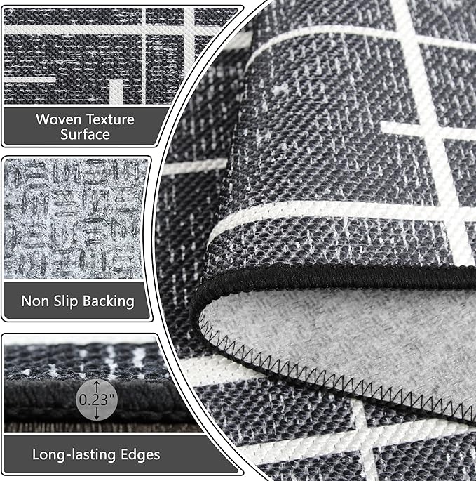 Washable Runner Rug 2x4, Modern Distressed Stripe, Kitchen Runner Rug Non Slip, Woven Thin No Shed Runners for Entryway, Kitchen, Laundry Room- Midnight Black