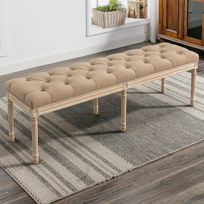 LUE BONA 60" Fabric End of Bed Bench, Upholstered Tufted French Bedroom Bench with Carved Legs for Bedroom End of King Size Bed, Living Room, Wheat