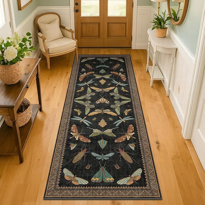 Black Insect 2'6"x8' Washable Non Slip Runner Rugs for Hallways, Non Skid Stain Resistant Rug Runners for Kitchen, Entryway, Mudroom -, Dark Floral Boho Cottagecore Home Decor