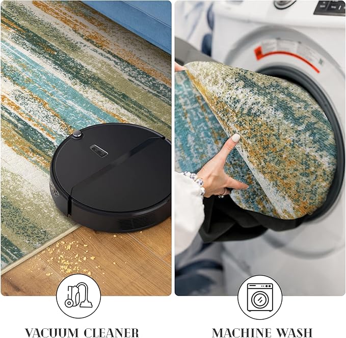 Modern Abstract Runner Rug 2x5, Green Mustard Multi Washable Entryway Kitchen Runner Non-Slip Soft Hallway Rug Runner Thin Print Faux Wool Carpet for Bedroom Laundry Room Indoor