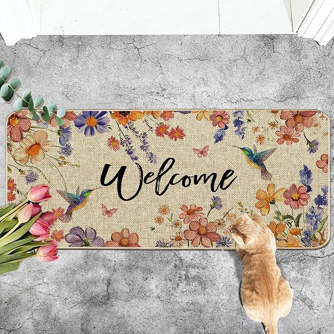 Wildflower Welcome Doormat 17"x36", Flower Spring Door Mat Indoor Entrance, Indoor Front Door mat, Non Slip Outdoor Entrance Mats, Low Profile Design Patio Porch Entryway Mats