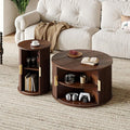 Merax Round Coffee Table Set with Storage, Fluted Center Tables with Sliding Cabinet Door for Living Room, Home, Office, Small Center Table,Walnut